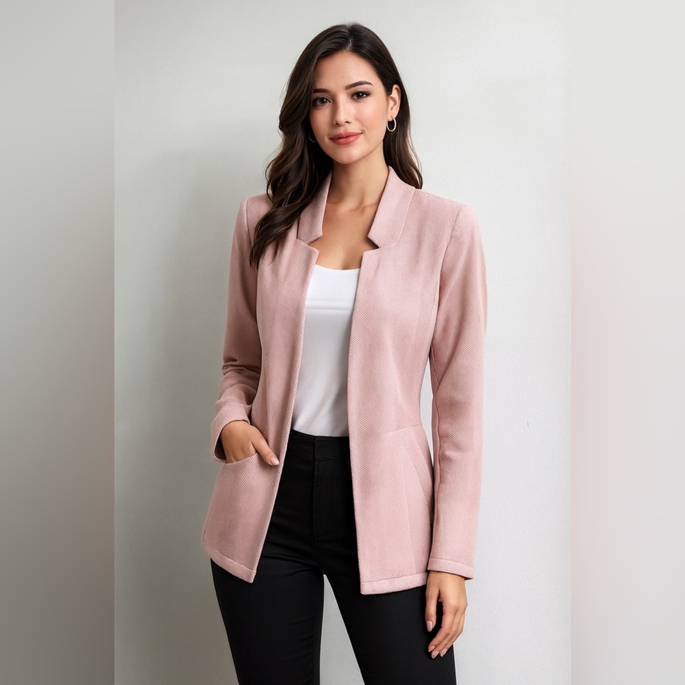 Elegant Pink Women's open front collarless herringbone texture size S